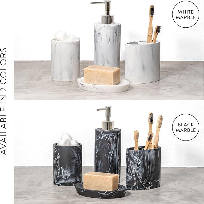 ZCCZ Bathroom Accessory Set, 4 Pcs Marble Look Bathroom Vanity Countertop Bathroom Décor Sets Accessories with Soap Dispenser, Toothbrush Holder Set, Tumbler, Soap Dish - ModernBath