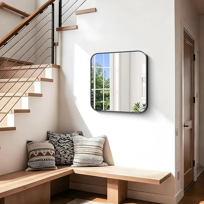 CIVENO Black Bathroom Mirror, 18 x 18 inch Square Mirrors for Wall, Metal Frame Rounded Corner Vanity Mirror for Over Sinks Modern Bedroom Living Room Horizontal Or Vertical Mounting - ModernBath