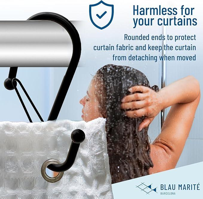 Blau Marité Set of 12 Black Metal S Hook Shower Hooks 1” – Closed, Heavy Duty, Long Decorative Shower Curtain Hooks, Easy Glide, Buckle, Large Rust Resistant Rings for Bathroom Rods (Black, S) - ModernBath