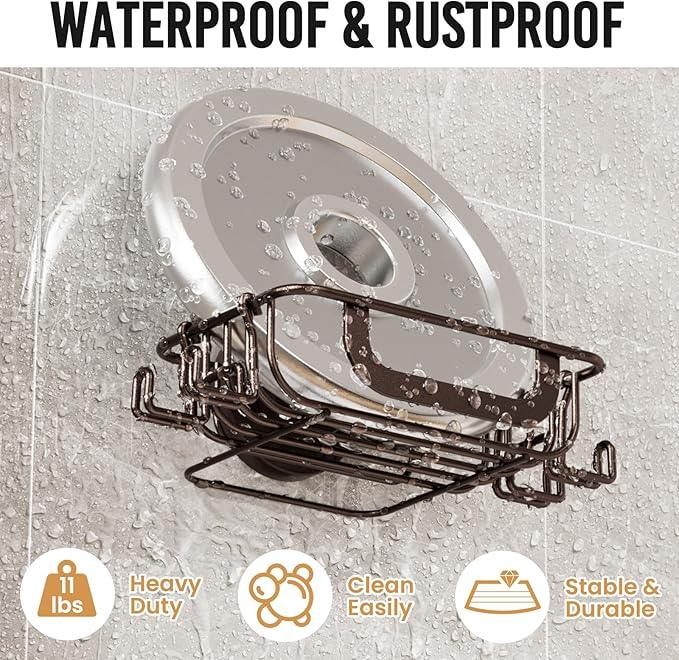 LEVERLOC Soap Holder Dish with Hooks for Shower, Bar Suction Cup Soap Tray Wall Mounted, Rustproof Stainless Steel Sponge Holder Caddy for Bathroom Bathtub Kitchen Sink, Brown - ModernBath