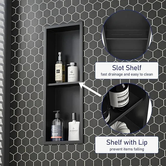 Stainless Steel Shower Niche Matte Black 8"×24" with 2-Tiers Shelf No Tiled Needed Niche Shower for Bathroom Wall Storage Recessed Metal Shower Shelf Over-Mounted Installation - ModernBath