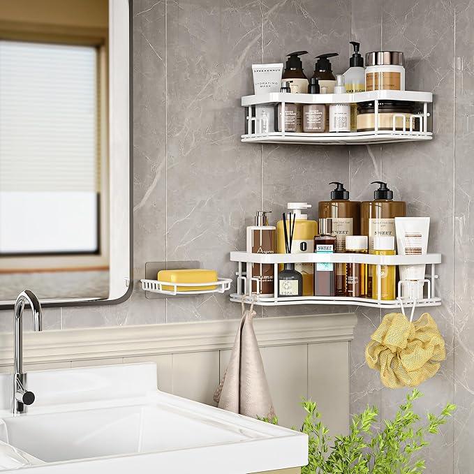 MAXIFFE 3 Pack X-Large Corner Shower Caddy with Soap Holder, Large Capacity Sturdy Easy Install No Drilling Stainless Steel Hold 40 LB Shower Organizer Shelves Rack for Family Renters Bathroom, White - ModernBath