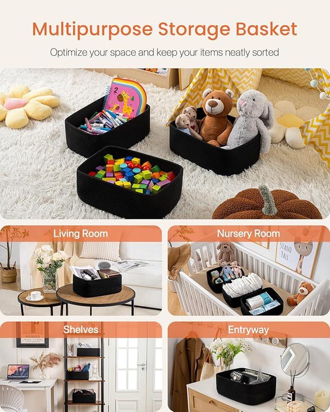 Small Woven Basket, 13.5 x 9.5 x 5 Inches, Storage Basket for Organizing, Cute Small Rope Shelf Closet Cube Storage Bins Baskets for Shelves, Dog Toy Gift Baskets Empty, 3 Packs, Black - ModernBath