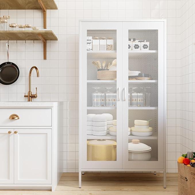 COFaR Modern Mesh Storage Cabinet, Free Standing Tall Pantry, Cupboard Metal Display Cabinet for Living Room, Kitchen, Dining Room - ModernBath