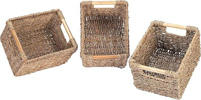 Small Wicker Baskets for Organizing Bathroom, Seagrass Baskets for Storage, Wicker Storage Basket with Wooden Handle, Decorative Small Organizing Basket 10.3 x 7.7 x 6.3 inches - 3 Pack - ModernBath
