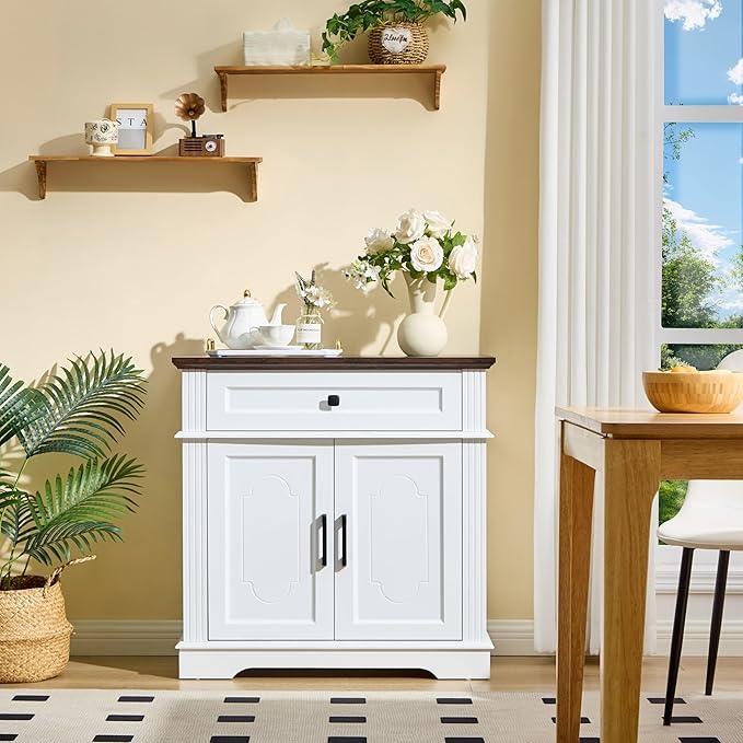 White Farmhouse Storage Cabinet with 2 Doors and 1 Drawer, Adjustable Shelf, Freestanding Kitchen Pantry Cabinet, Modern Buffet Sideboard Coffee Bar Cabinet Living Room Bathroom Dining Room - ModernBath