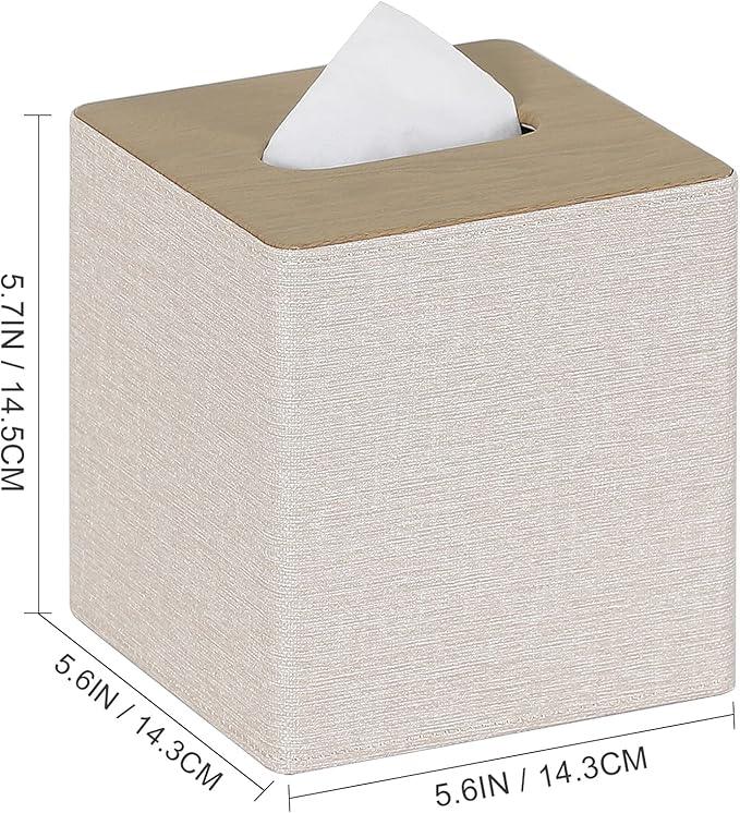 GOLRANLYE Tissue Box Cover Square 2 Pack PU Leather Facial Tissue Box Holder for Dresser Bathroom Decor (Beige) - ModernBath