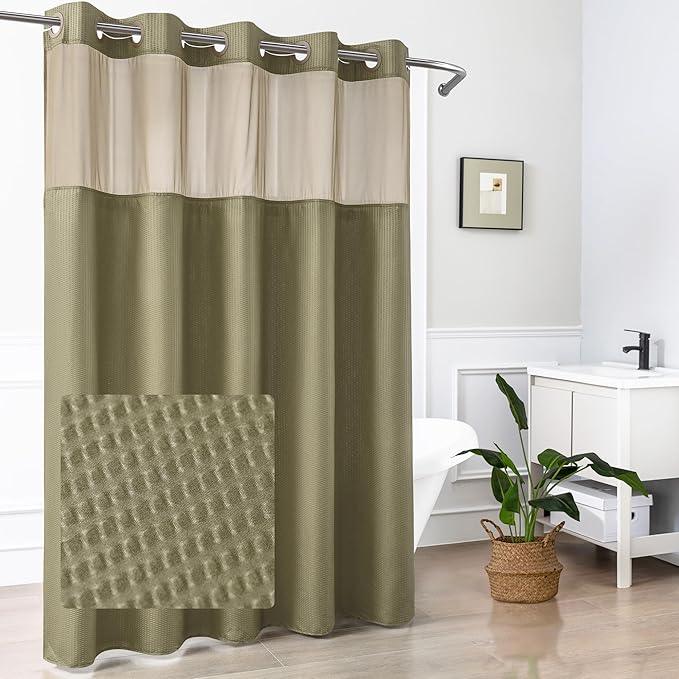 Mrs Awesome No Hook Shower Curtain with Snap-in Liner, Embossed Waffle Design Fabric Shower Curtain for Bathroom, Soft & Lightweight, 71x74, Taupe - ModernBath