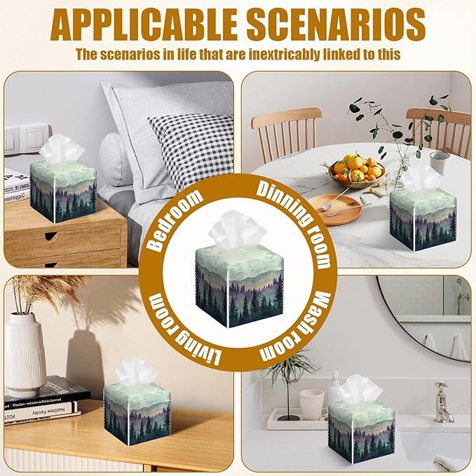 Misty Forest Tissue Box Cover 2PCS, Leather Tissue Box Holder Square Facial Paper Case Tissue Box Cube Organizer for Bathroom Bedroom Desk Office - ModernBath