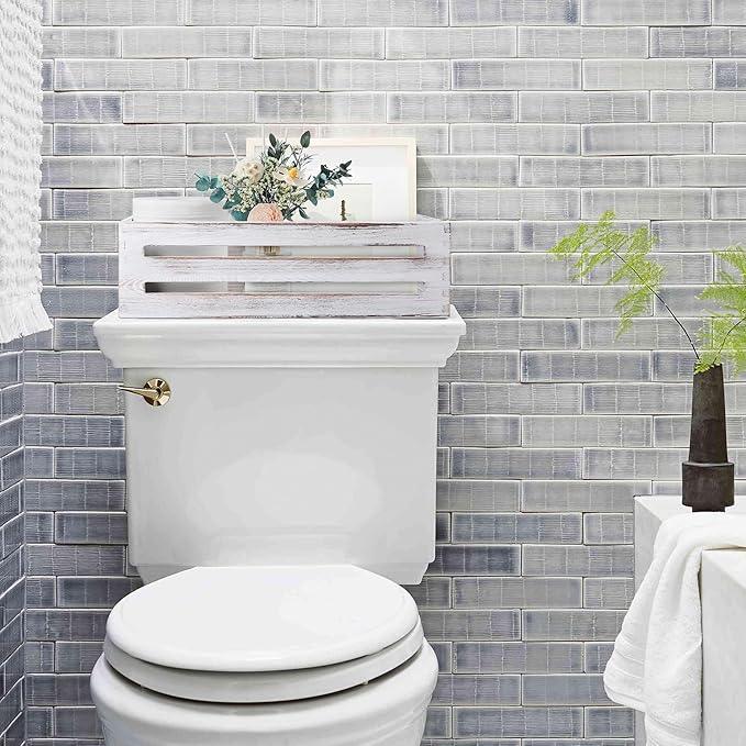 LotFancy Bathroom Decor Box, 2 Pack Wooden Toilet Paper Holder, White Toilet Storage Basket for Back of Toilet, Farmhouse Toilet Tank Topper - ModernBath