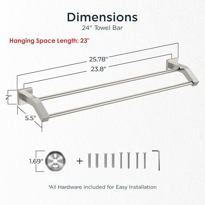 FORIOUS Double Towel Bar, 24 Inch Dual Towel Racks for Bathroom Wall Mounted, Thicken SUS304 Stainless Steel Bath Square Towel Rod Towel Holder Rail, Brushed Nickel - ModernBath