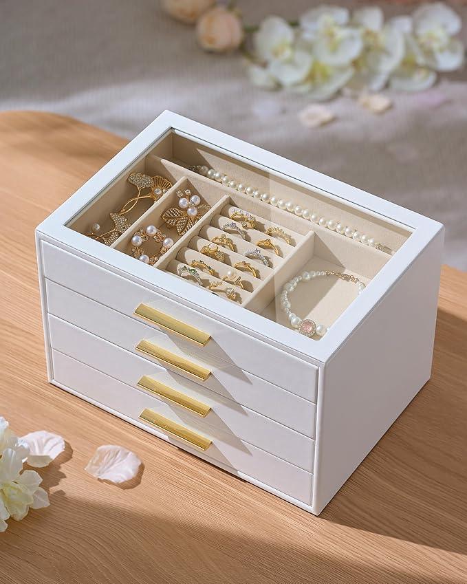 pickpiff Jewelry Box Organizer Case for Women: 4-Layer Jewelry Storage Case with Glass Window, Pure White Leather with Velvet Holder for Ring Necklace Bracelet Brooch Watch, Great Gift for Her - ModernBath