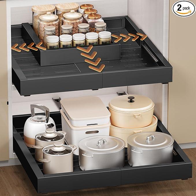 2 Pack Pull Out Cabinet Organizer, Drawers Slide Out Expandable Width (12"-19") and Depth (17"-23") With 3 Slides, Fixed with Adhesive Film and Nail for Cabinets in Kitchen, Pantry or Bathroom - Black - ModernBath