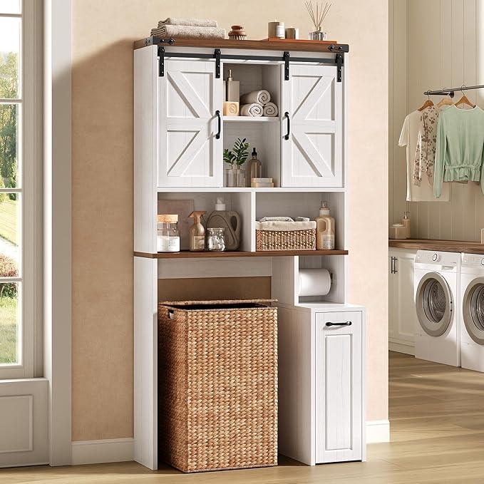 Farmhouse Over The Toilet Storage Cabinet with Pulley, Slide Barn Doors Bathroom Storage Cabinet, Space Saver W/Adjustable Shelf & Open Shelf for Bathroom, Restroom, Laundry (White Brown-Type A) - ModernBath