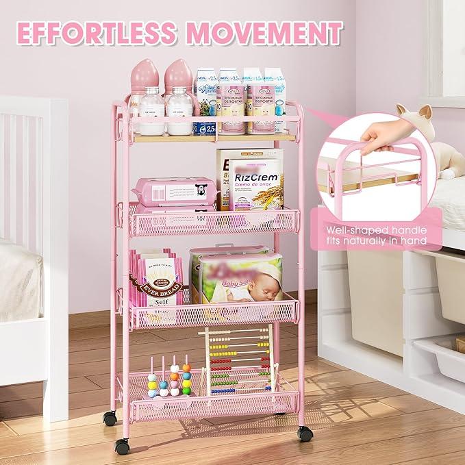 TOOLF 4-Tier Rolling Cart, Metal Utility Cart, Slide Out Storage Cart with Wooden Tabletop and Mesh Baskets, Easy Assemble Trolley for Kitchen Bathroom Laundry Room Bedroom Apartments Dormitory - ModernBath