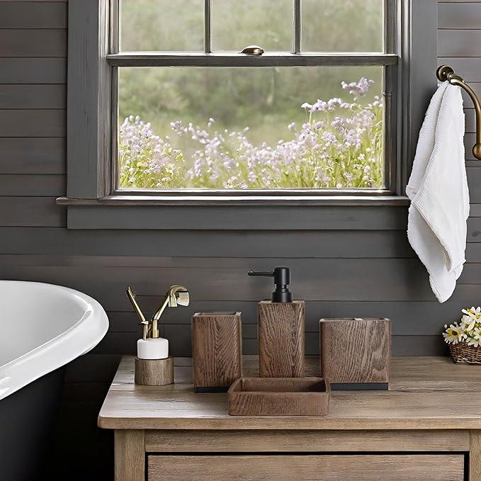 Hymmah Wood Grain Design Bathroom Accessories Set,Farmhouse Bathroom Decor,4 Pcs Resin Gift Set Apartment Necessities, Contain Cotton Swab Jar,Soap Dispenser,Tumbler，Soap Dish/Tray - ModernBath