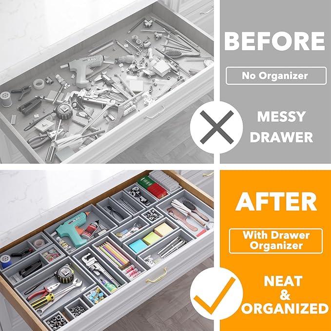 SpaceAid 21-Piece Bamboo Drawer Organizer Storage Boxes Set, Wood Tray Junk Drawer Organizers Multi-Use Divider Bins for Kitchen, Bathroom, Office Desk and Makeup Organization (21 Pack, Gray) - ModernBath