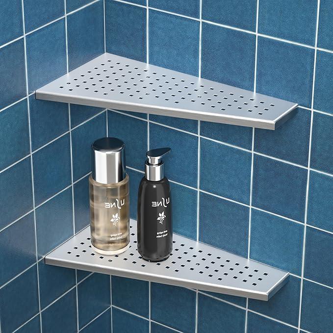 Corner Shower Shelf 2PCS, Trapezoid Shaped Bathroom Shelves 12'' for Tiled Wall, 304 Stainless Steel Grout in Shelf, No Drilling Needed (Silver) - ModernBath