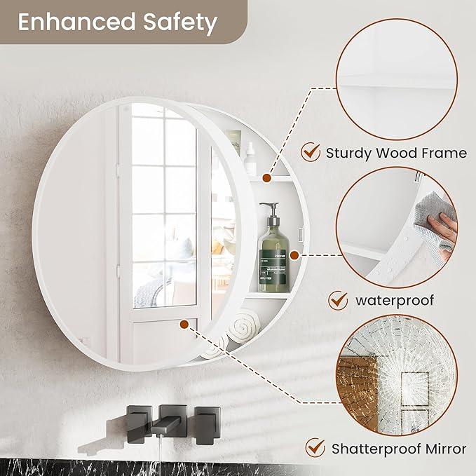 SUNWAVE 20 Inch Round Black Medicine Cabinet with Mirror, Modern Wall Mounted Vanity Cabinet for Bathroom, Circle Bathroom Mirror with Storage, Space-Saving Wood Cabinet (White, 20 Inch) - ModernBath