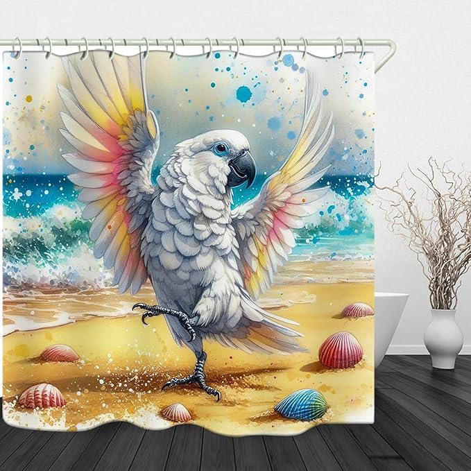 LYFANS Bathroom Uses A Dancing White Parrot On The Beach 3D Shower Curtain, Luxury Bathtub Standard Shower Curtain, Waterproof and Bright Fabric Shower Curtains, Size (72x72 Inches) - ModernBath