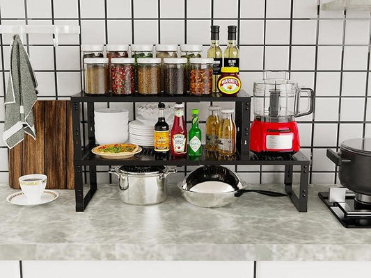 Jojocross Adjustable Expanable Stackable Spice Rack Shelf Pantry Storage Organizer for Kitchen Cabinet,Countertop,Bathroom and More.Space is no Longer Limited(2Packs/Black/Large) - ModernBath