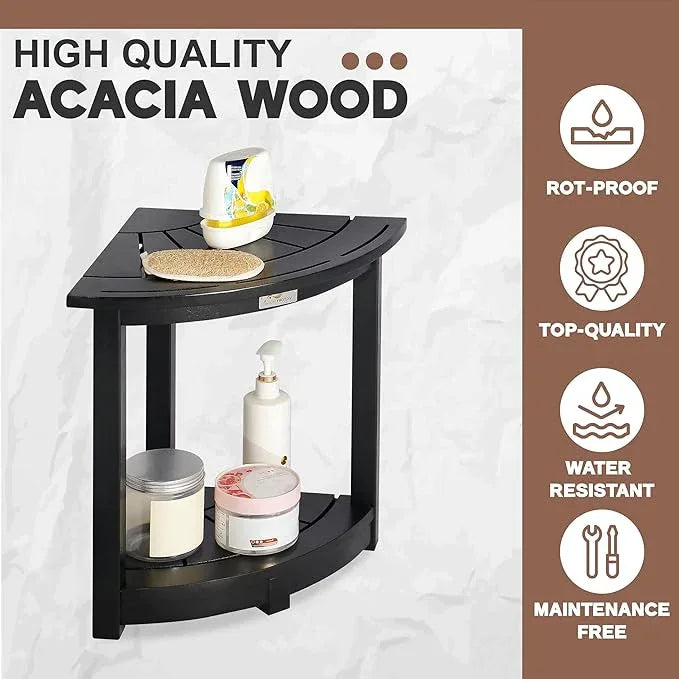 VICTORY RELAX Acacia Wood Corner Shower Stool - Waterproof Triangular Bathroom Bench with Storage Shelf & Soap Dish for Shaving, Black Wood (17.9x12.7x16.5) - ModernBath