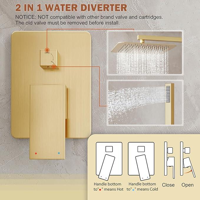 HoliSpa Gold Shower System, Shower Faucet Set with 10-Inch Rain Showerhead and Handheld Spray, Wall Mounted High-Pressure Showerhead Combo Set Included Valve and Trim, Brushed Gold - ModernBath