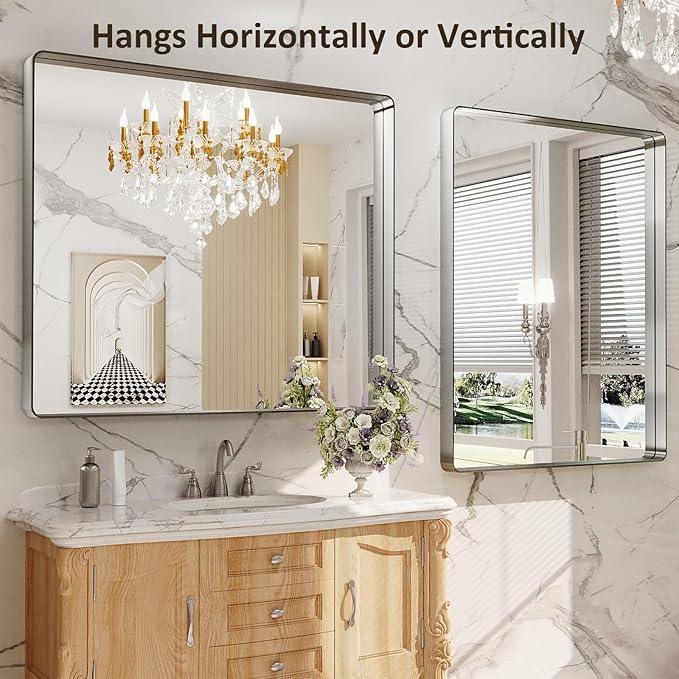 LOAAO 40X36 Inch Brushed Nickel Bathroom Mirror, Rounded Rectangle Silver Metal Frame Mirror, Brushed Nickel, Anti-Rust, Shatter Proof, Hangs Horizontally or Vertically - ModernBath