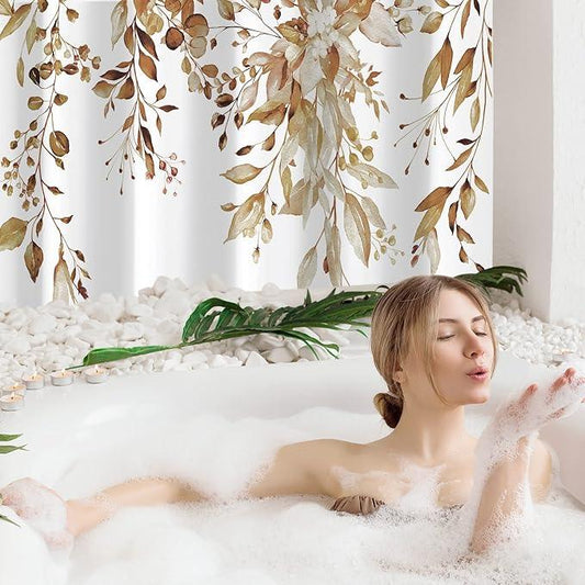 Gibelle Small Stall Shower Curtain 36 x 72, Narrow Brown Floral Shower Curtain for Bathroom, Watercolor Plant Eucalyptus Leaves Fabric Shower Curtain Set - ModernBath