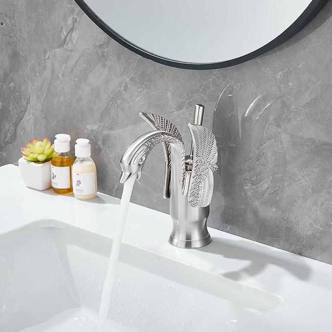 GGStudy Bathroom Faucet Brushed Nickel Swan Single Handle 1 Hole Bathroom Vanity Faucet Basin Tap Deck Mount Lavatory - ModernBath