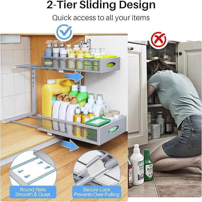 Under Sink Organizer, 2 Pack 2 Tier Pull Out Under Cabinet Organizer Shelf with Pad for Framed Cabinets, Metal Slide Out Under Sink Storage, Mesh Sliding Drawers for Kitchen Bathroom Laundry, Grey - ModernBath