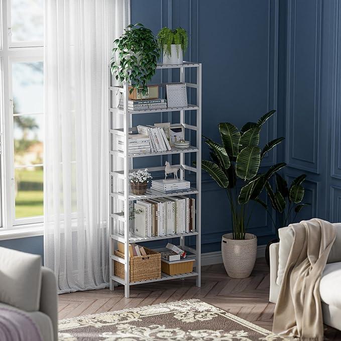 HITNET Bookshelf, 6-Tier Tall Bookcase Freestanding Bamboo Book Shelf Bathroom Storage Organizer with Adjustable Shelves, White - ModernBath