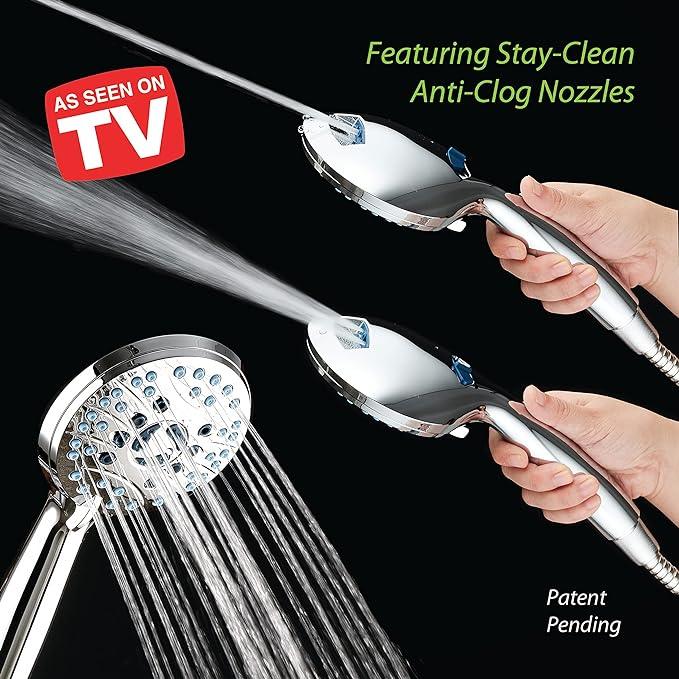 AquaCare High Pressure 8-mode Handheld Shower Head - Anti-clog Nozzles, Built-in Power Wash to Clean Tub, Tile & Pets, Extra Long 6 ft. Stainless Steel Hose, Wall & Overhead Brackets - ModernBath