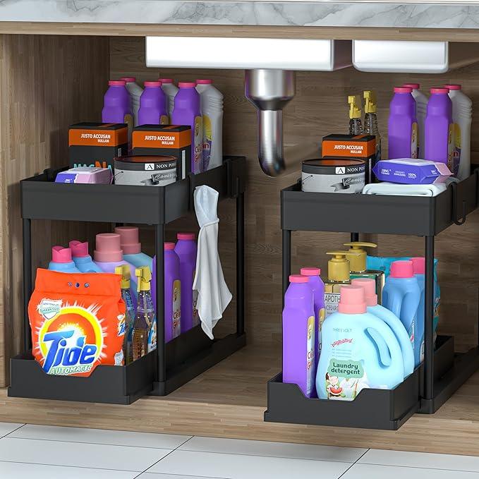 DEKAVA Under Sink Organizer 2 Pack, Bathroom Cabinet Organizer, 2 Tier Sliding Cabinet Basket Organizer Drawer, Multi-Purpose Bath Collection Baskets for Bathroom (Black) - ModernBath