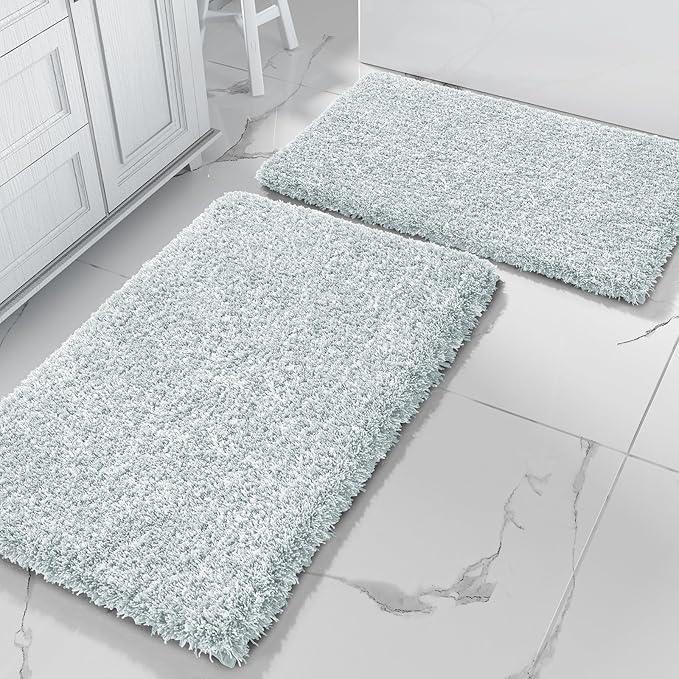 Yimobra Bathroom Rug Set 2 Piece, Soft Absorbent Microfiber Bath Mat Set, Non Slip Machine Washable Dry, Plush Shaggy Shower Rugs for Bathroom Floor, 32"x20"+24"x17", Sky Light Blue & White - ModernBath
