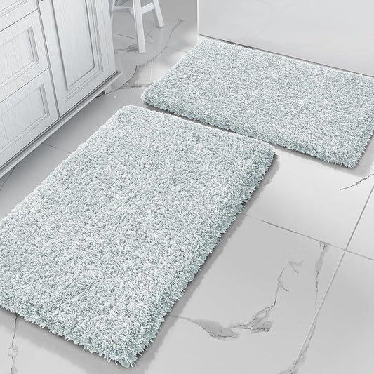 Yimobra Bathroom Rug Set 2 Piece, Soft Absorbent Microfiber Bath Mat Set, Non Slip Machine Washable Dry, Plush Shaggy Shower Rugs for Bathroom Floor, 32"x20"+24"x17", Sky Light Blue & White - ModernBath