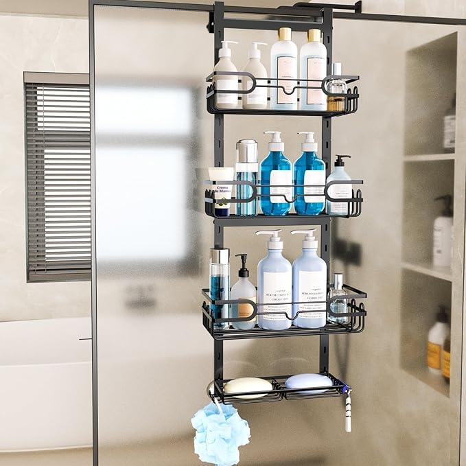 Consumest Over The Door Shower Caddy - 4 Tier Adjustable Hanging Shower Organizer Shelf with 2 Soap Holders & 22 Hooks, Rustproof Easy Installation Hanging Storage Rack for Bathroom, Black - ModernBath