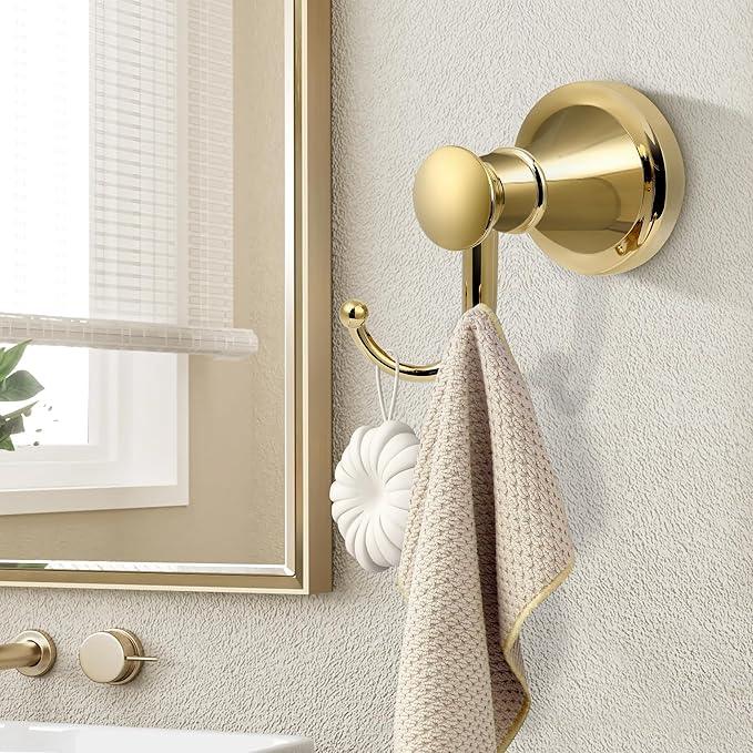 Gold Bathroom Towel Hook, Brushed Gold Bathroom Robe Hook, Heavy Duty Double Towel Hooks Bath Modern Coat Clothes Hook Wall Mounted for Kitchen Washroom - ModernBath