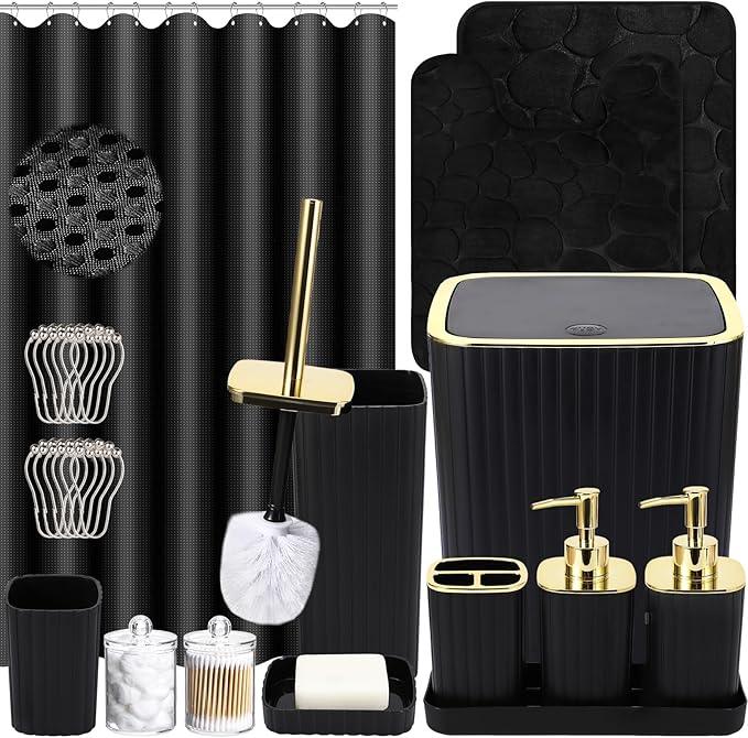 XLHOMO Bathroom Set with Shower Curtain and Rugs- 25PC Bathroom Accessory Set, Black Shower Curtain Set, Toilet Brush, Trash Can, Qtip Holder Dispenser & Soap Dispenser - ModernBath