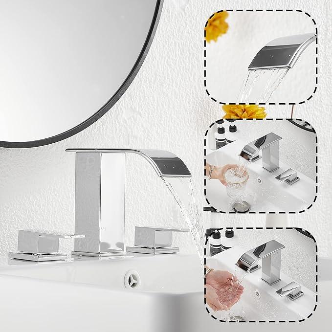 Waterfall Widespread Bathroom Faucet Chrome GGStudy 3 Holes 2 Handle Modern Bathroom Sink Faucet with Pop Up Drain - ModernBath