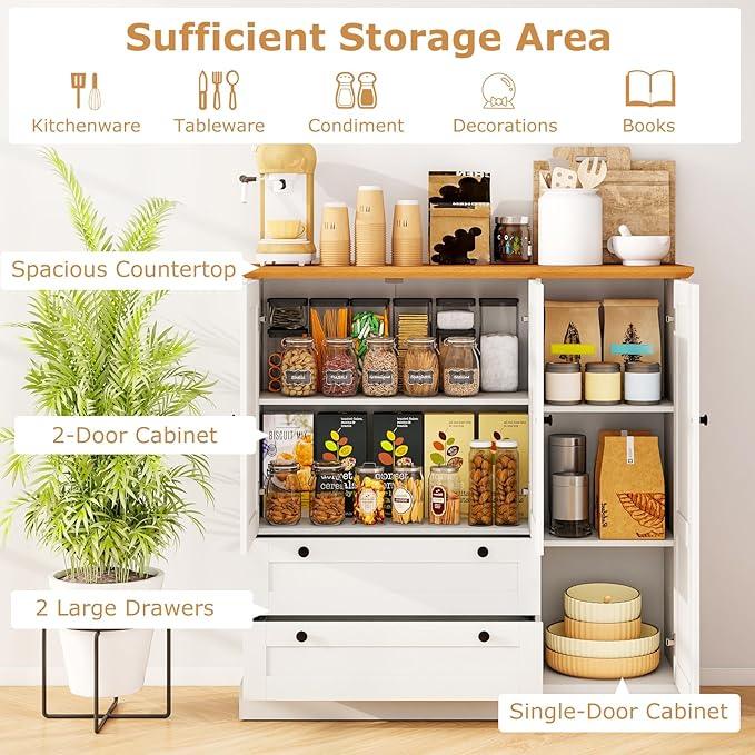 LOKO 47.5” Tall Buffet Cabinet with Storage, Modern Storage Cabinet with 3 Doors & 2 Large Drawers, Farmhouse Kitchen Pantry with Removable Shelf for Dining Room, Living Room, Home Bar - ModernBath