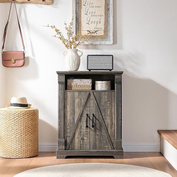 24" Farmhouse Storage Cabinet – Dark Rustic Oak Freestanding Buffet Sideboard with Barn Doors, Adjustable Shelf, Small Coffee Bar for Kitchen, Bathroom & Living Room - ModernBath