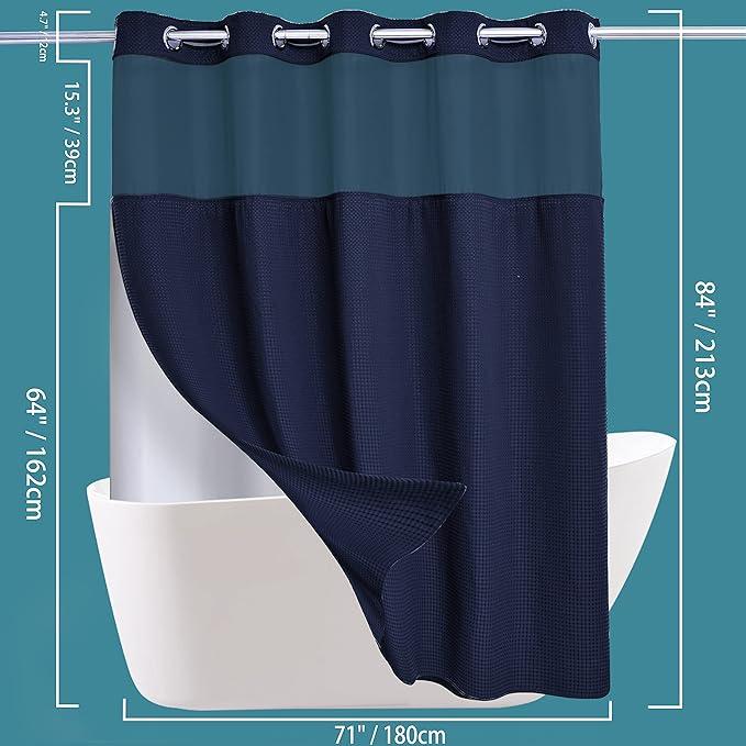 Extra Long No Hook Waffle Weave Shower Curtain with Snap in Liner Set, Hotel Luxury Navy Blue Shower Curtains for Bathroom with See Through Top Window, Waterproof, Washable 71W x 84H - ModernBath