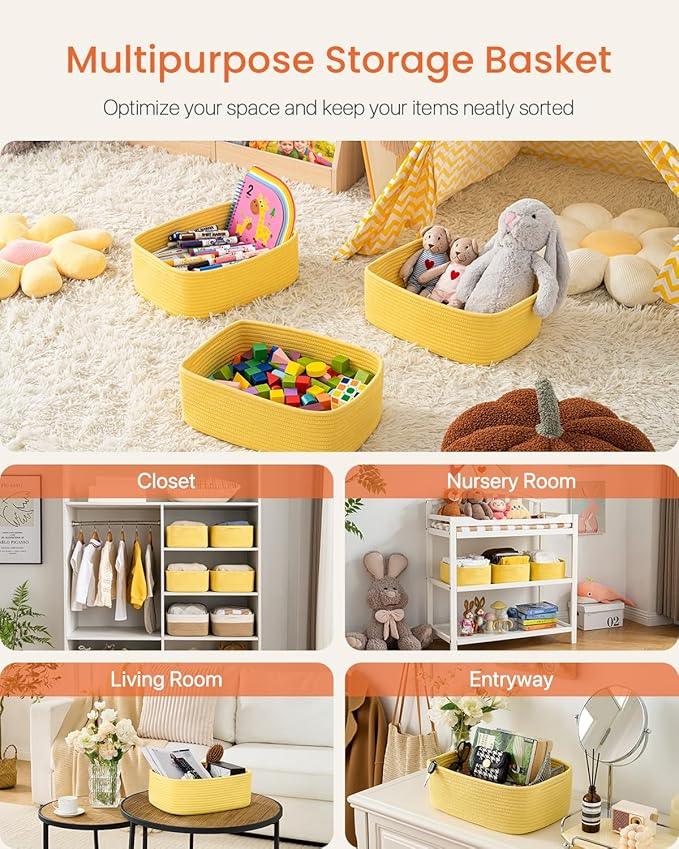 Small Woven Basket, 13.5 x 9.5 x 5 Inches, Storage Basket for Organizing, Cute Small Rope Shelf Closet Cube Storage Bins Baskets for Shelves, Dog Toy Gift Baskets Empty, 3 Pack Yellow - ModernBath