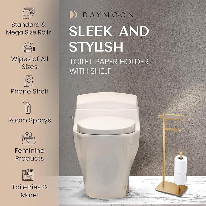 Day Moon™ Gold Toilet Paper Holder Free Standing Toilet Paper Holder with Storage - Toilet Paper Stand and Tissue Holder for Bathroom - Toilet Paper Holder with Shelf and Wipe Holder - ModernBath
