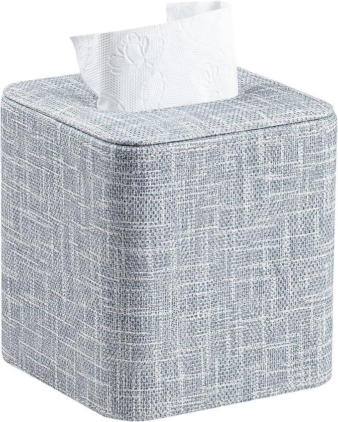 Cretkhp Square Tissue Box Cover with Magnetic Closure, Modern PU Leather Tissue Box Holder for Bathroom Vanity Countertop Night Stands Bedroom Office Desk, Stylish Cube Tissue Holder (Blue) - ModernBath