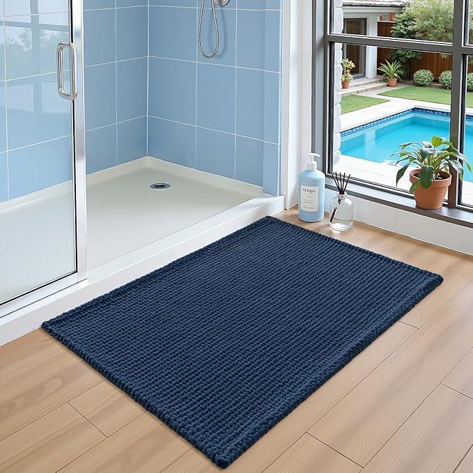 DEXI Bathroom Rugs 16x24, Non Slip Washable Bath Mat, Absorbent Chenille Bathmat, Ultra Soft Thick Carpet for Tub Shower Floor, Navy - ModernBath