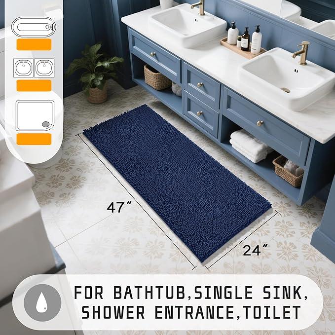 Yimobra Long Bathroom Rugs 47"x24", Extra Soft Non Slip Bath Mat for Tub, Super Absorbent Quick Dry Shaggy Rug Floor Carpet, Machine Washable,Navy Blue - ModernBath