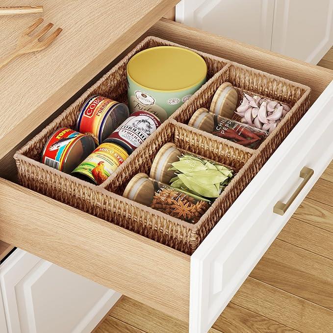 Vagusicc Wicker Divided Storage Basket, Wicker Baskets, Basket for Shelves Drawer Organizing, 3 Section Rectangular Woven Storage Baskets, 2-Pack, Natural - ModernBath
