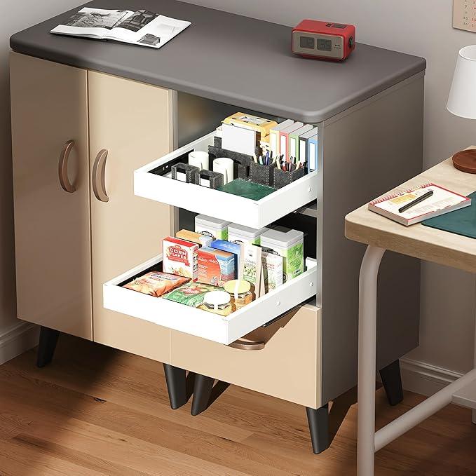 2 Pack Pull Out Drawers for Cabinets, Slide Out Drawer Expandable Width (10"-15") and Depth (11"-17") With 3 Slides, Fixed with Adhesive Film & Nail for Cabinets in Kitchen, Pantry or Bathroom - White - ModernBath